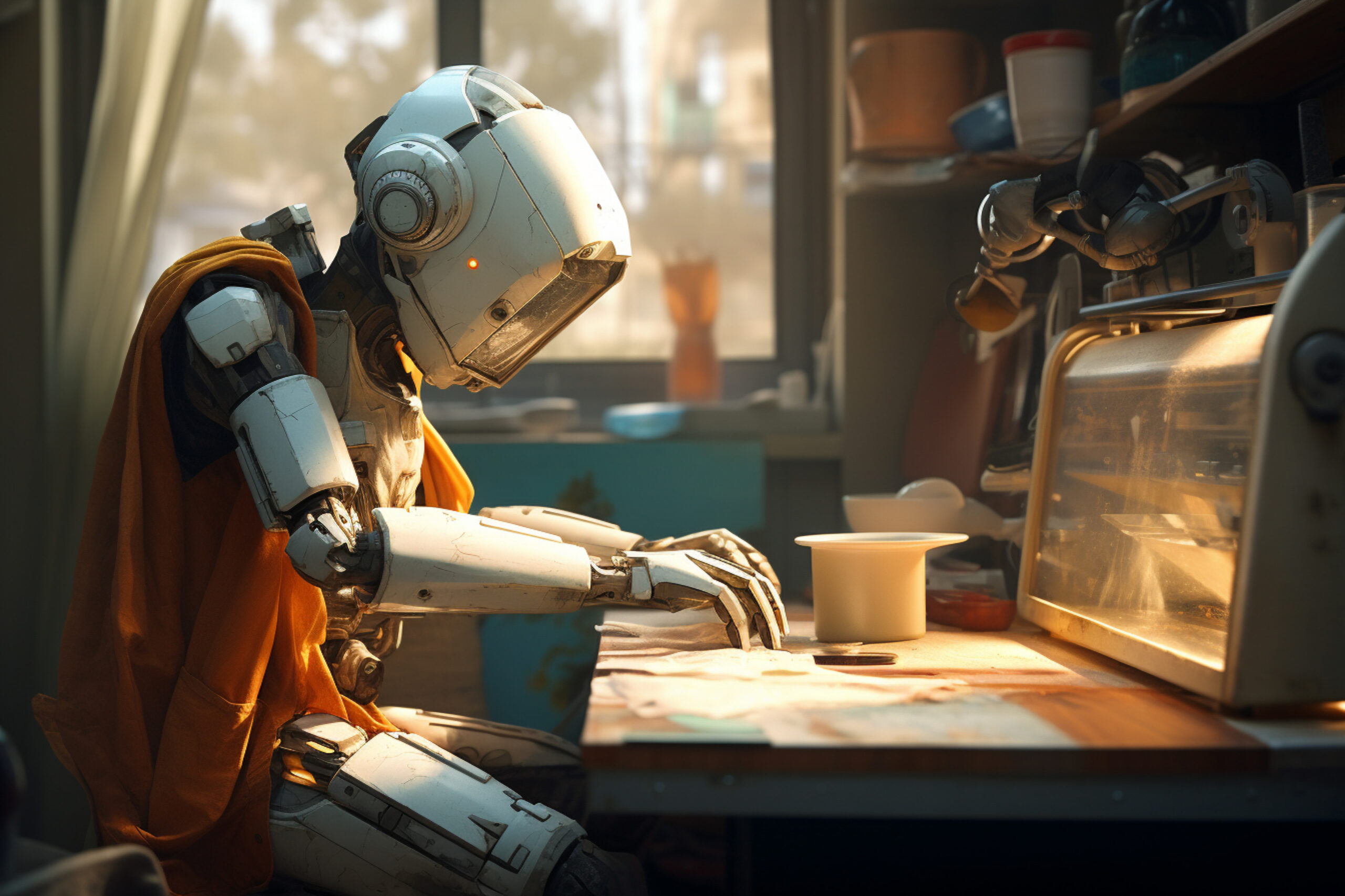 a robot ironing clothes, in the style of science-fiction dystopias, light azure and amber, vray tracing, tabletop photography, japanese influence, quantumpunk, paulus potter --ar 128:85 --v 5.2 Job ID: 3091090c-11bb-45ec-a921-9dc2aa796bbd